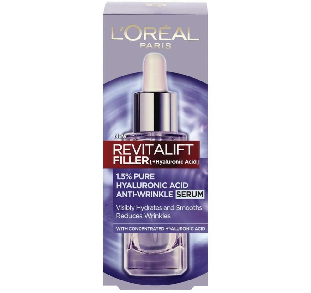 Revitalift Filler Hyaluronic Acid er serum sem miklu magni af hýalúrónsýru sem fyllir húðina af raka og dregur úr einkennum öldrunar í húðinni eins og hrukkum, þreytu og tapi á teygjanleika. Hagkaup, 4.799 kr.